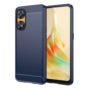 Oppo Reno8 T Hoesje, MobyDefend TPU Gelcase, Geborsteld Metaal + Carbonlook, Blauw