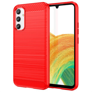 Samsung Galaxy A34 Hoesje, MobyDefend TPU Gelcase, Geborsteld Metaal + Carbonlook, Rood