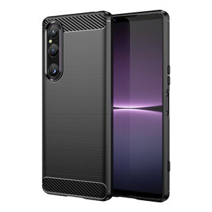 Sony Xperia 1 V Hoesje, MobyDefend TPU Gelcase, Geborsteld Metaal + Carbonlook, Zwart