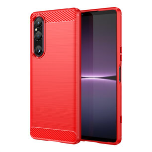 Sony Xperia 1 V Hoesje, MobyDefend TPU Gelcase, Geborsteld Metaal + Carbonlook, Rood