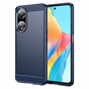 Oppo A98 Hoesje, MobyDefend TPU Gelcase, Geborsteld Metaal + Carbonlook, Blauw