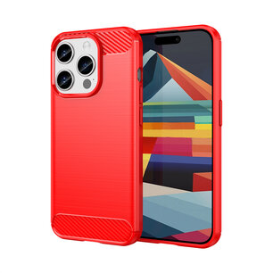 iPhone 15 Pro Hoesje, MobyDefend TPU Gelcase, Geborsteld Metaal + Carbonlook, Rood