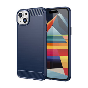 iPhone 15 Plus Hoesje, MobyDefend TPU Gelcase, Geborsteld Metaal + Carbonlook, Blauw