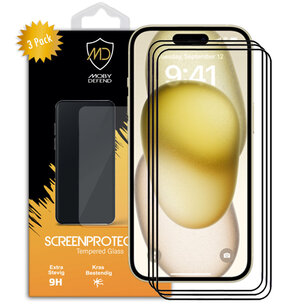 3-Pack iPhone 15 Screenprotectors - MobyDefend Screensavers Met Zwarte Randen - Gehard Glas 