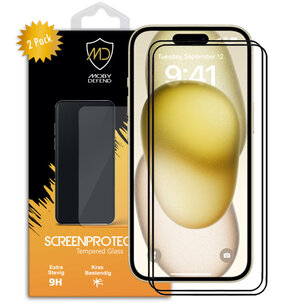 2-Pack iPhone 15 Screenprotectors, MobyDefend Gehard Glas Screensavers, Zwarte Randen