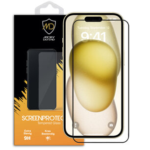 iPhone 15 Screenprotector, MobyDefend Gehard Glas Screensaver, Zwarte Randen