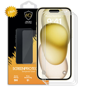 3-Pack iPhone 15 Screenprotectors, MobyDefend Case-Friendly Gehard Glas Screensavers