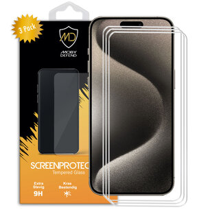 3-Pack iPhone 15 Pro Max Screenprotectors MobyDefend Case-Friendly Screensavers - Gehard Glas