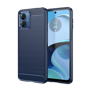 Motorola Moto G14 Hoesje, MobyDefend TPU Gelcase, Geborsteld Metaal + Carbonlook, Blauw