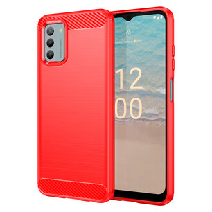 Nokia G42 Hoesje, MobyDefend TPU Gelcase, Geborsteld Metaal + Carbonlook, Rood