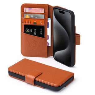 iPhone 15 Pro Hoesje, Luxe MobyDefend Wallet Bookcase, Lichtbruin