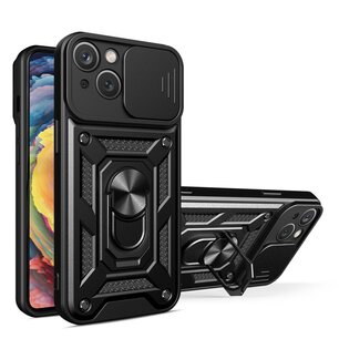 iPhone 15 Hoesje, MobyDefend Pantsercase Met Pasjeshouder & Draaibare Ring, Zwart