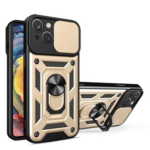 iPhone 15 Hoesje, MobyDefend Pantsercase Met Pasjeshouder & Draaibare Ring, Goud