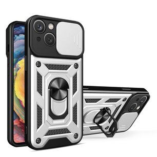 iPhone 15 Plus Hoesje, MobyDefend Pantsercase Met Pasjeshouder & Draaibare Ring, Zilvergrijs