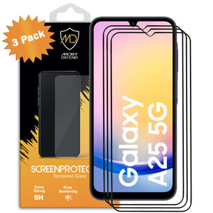 3-Pack Samsung Galaxy A25 Screenprotectors, MobyDefend Gehard Glas Screensavers, Zwarte Randen