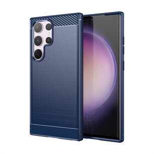 Samsung Galaxy S24 Ultra Hoesje, MobyDefend TPU Gelcase, Geborsteld Metaal + Carbonlook, Blauw
