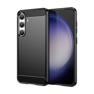 Samsung Galaxy S24 Hoesje, MobyDefend TPU Gelcase, Geborsteld Metaal + Carbonlook, Zwart