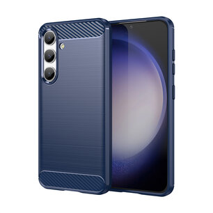 Samsung Galaxy S24 Hoesje, MobyDefend TPU Gelcase, Geborsteld Metaal + Carbonlook, Blauw