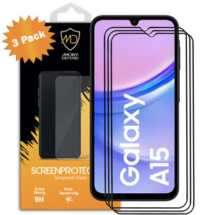 3-Pack Samsung Galaxy A15 Screenprotectors, MobyDefend Gehard Glas Screensavers, Zwarte Randen