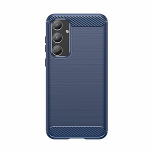 Samsung Galaxy A55 Hoesje, MobyDefend TPU Gelcase, Geborsteld Metaal + Carbonlook, Blauw