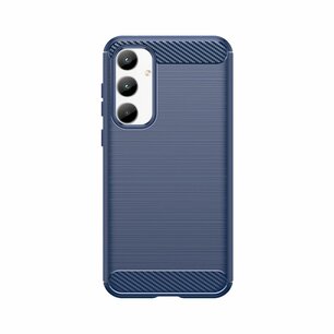 Samsung Galaxy A35 Hoesje, MobyDefend TPU Gelcase, Geborsteld Metaal + Carbonlook, Blauw