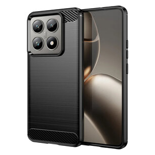 Xiaomi 14T Pro Hoesje - MobyDefend TPU Backcover - Geborstelde Metaal & Carbon-Look - Zwart