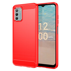Nokia G42 Hoesje - MobyDefend TPU Backcover - Geborstelde Metaal & Carbon-Look - Rood