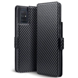 Samsung Galaxy A71 hoesje, MobyDefend slim-fit carbonlook bookcase, Zwart