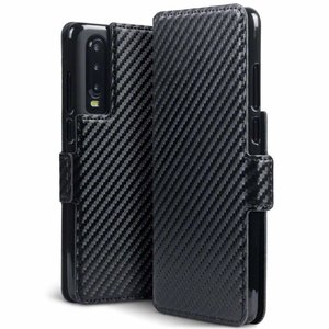 Huawei P30 hoesje, MobyDefend slim-fit carbonlook bookcase, Zwart